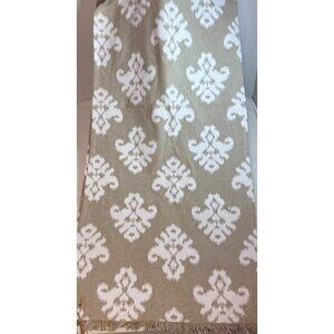 Mud Pie Fleur de Lis table runner tan white 90" x 18" fringe ikat style neutral